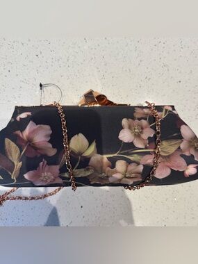 Ted Baker Floral Satin Evening Clutch with Rose Gold Chain Navy NWT